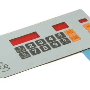 Teclado de membrana industrial con botones numéricos y gráficos personalizados, diseñado para uso en maquinaria y electrónica